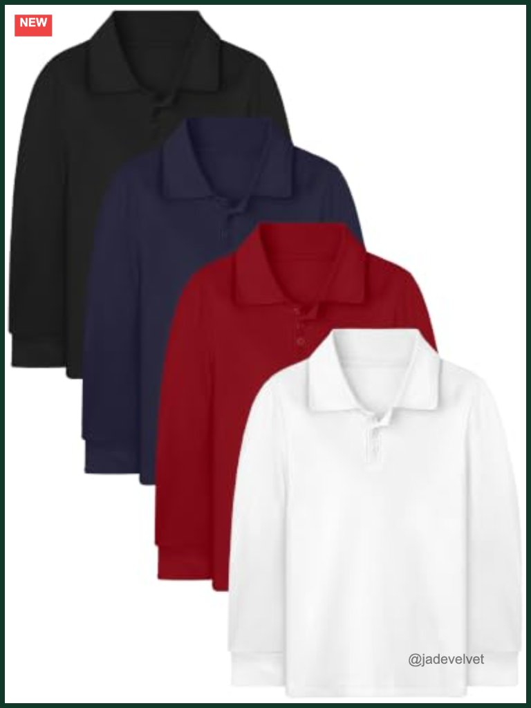 4 Pack Boys Long-Sleeve Pique Polo Shirt Soft School Uniform Blouse